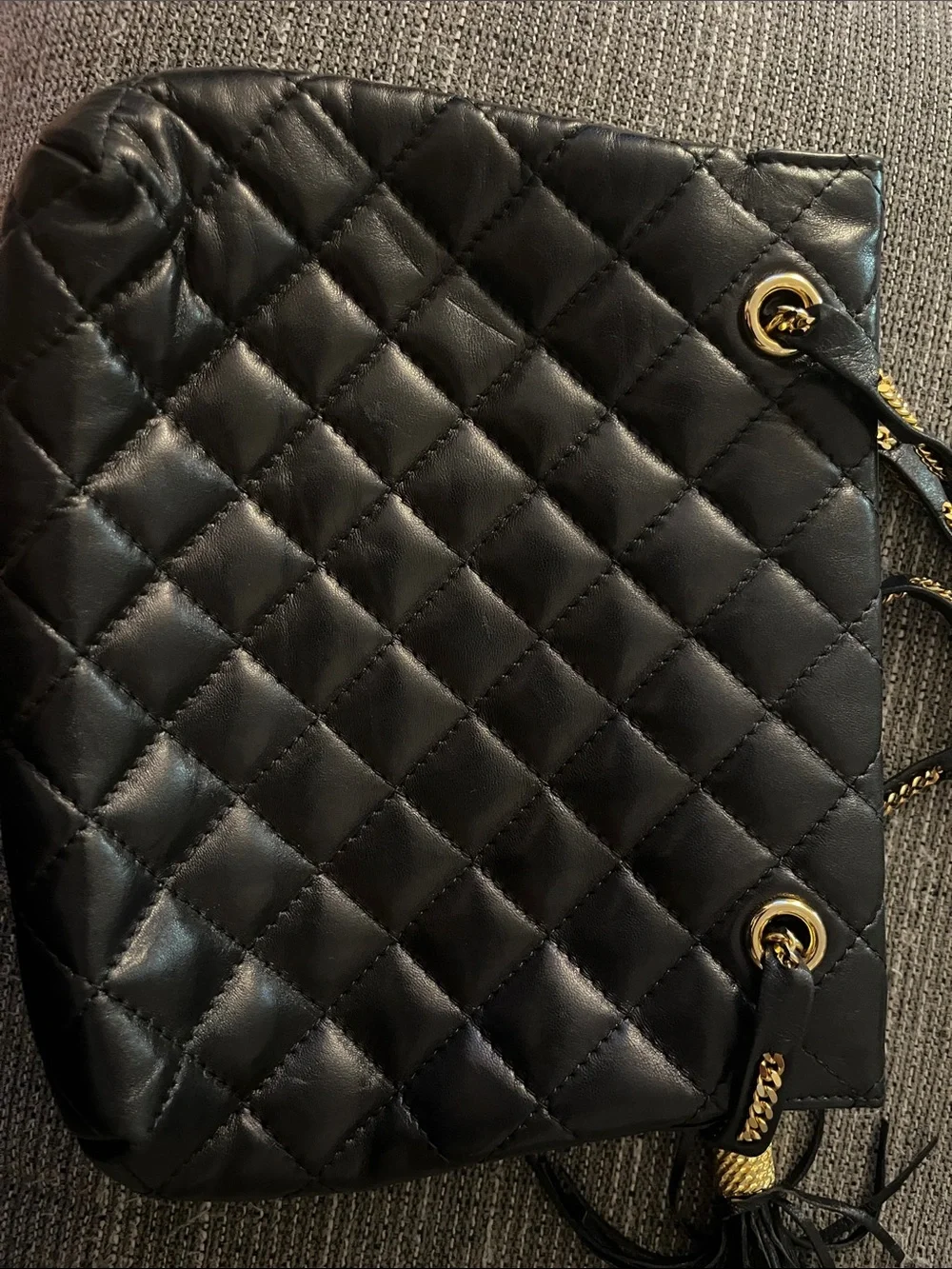 Vintage Louise Fontaine Black Leather Quilted Crossbody Bag with Tassel